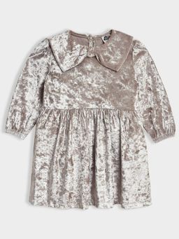 Mi Arcus - Solid Shimmer Peter Pan Collar Full Sleeves Silver Frock Dress