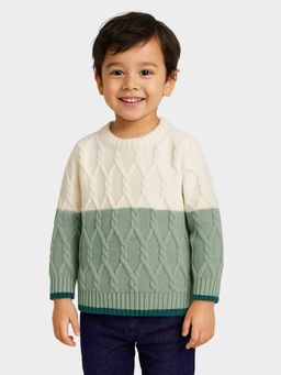 Mi Arcus - Cream & Green Color Block Full Sleeves Sweater