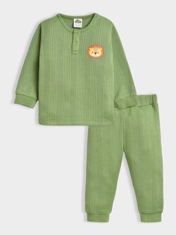 Mi Arcus - Solid Knitted Green Full Sleeves Thermal Top & Pyjama