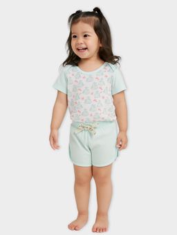 Mi Arcus - Cotton Printed Green Top With Shorts