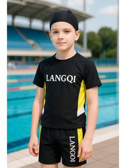 Bubble Berry - Boys Swim T-Shirt & Shorts With Cap, Black-Yellow Colour Block Design