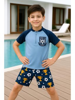 Bubble Berry - Boys 2-Piece Swim T-Shirt & Shorts, Blue Soccer Design