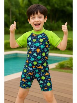 Bubble Berry - Boys Ocean Print One-Piece Swimsuit, Short Sleeve, Green & Navy Blue