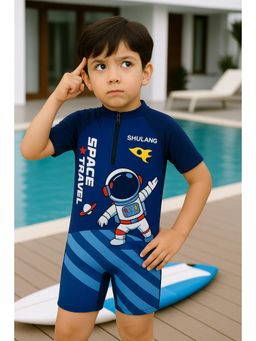 Bubble Berry - Boys Space Astronaut One-Piece Swimsuit, Navy Blue