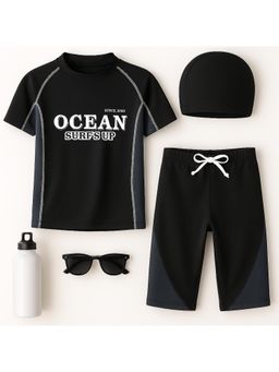 Bubble Berry - Boys Swim T-Shirt Ocean Print Rash Guard With Shorts & Swim Cap, Black