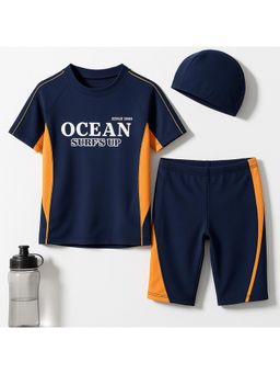 Bubble Berry - Boys Swim T-Shirt & Shorts with Cap, Navy Blue & Orange
