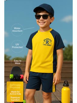 Bubble Berry - Boys Two-Piece Swim T-Shirt & Shorts, Yellow & Navy