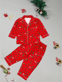 LITTLE GINNIE - Kids Red Christmas Tree Print Winter Night Suit