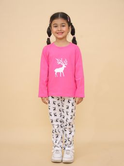 LITTLE GINNIE - Kids Pink Deer Print Cotton Night Suit For Girls