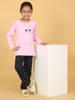 LITTLE GINNIE - Girls Light Pink Cat Face Printed Cotton Night Suit