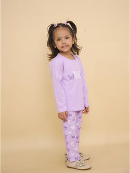 LITTLE GINNIE - Girls Lavender Butterfly Printed Cotton Night Suit