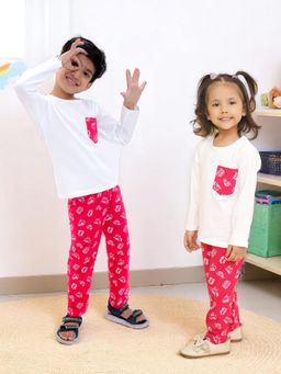 LITTLE GINNIE - Unisex Red Vehicle Printed Cotton Night Suit