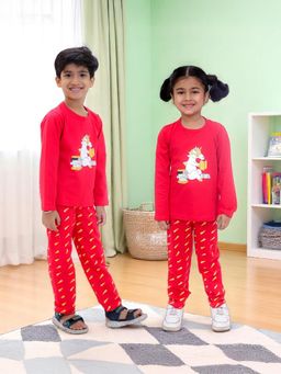 LITTLE GINNIE - Unisex Red Unicorn Printed Cotton Night Suit