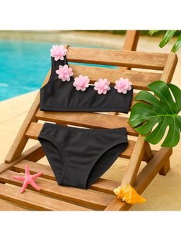 Bubble Berry - Girls One-Shoulder Two-Piece Swimsuit, Black With Pink Floral Details
