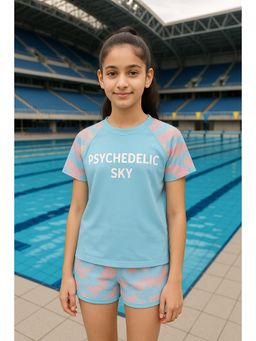 Bubble Berry - Girls Psychedelic Sky Bright Blue T-shirt & Shorts Swimsuit