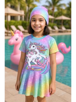 Bubble Berry - Girls Rainbow Unicorn Frock Style Swimming Costume & Cap