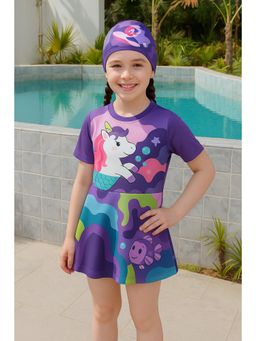 Bubble Berry - Girls Unicorn Print, Purple Skirted Swimming Costume With Cap