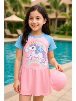 Bubble Berry - Girls Frock Style Unicorn Swimming Costume With Cap