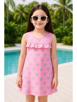Bubble Berry - Ruffled Heart Print Swimming Dress, With Attached Shorts
