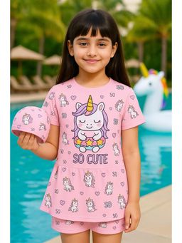 Bubble Berry - Girls Unicorn Print Frock Style Swimming Costume With Cap, Pink