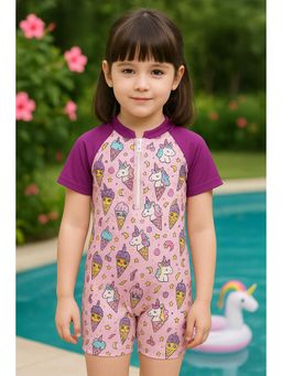 Bubble Berry - Girls Ice Cream Print Swimsuit, Purple & Pink