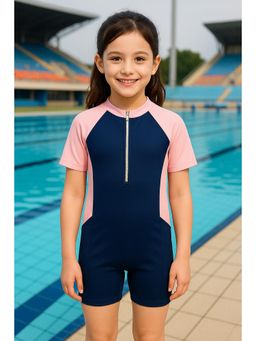 Bubble Berry - Girls One-Piece Swimsuit, Navy Blue & Pink, Short Sleeve