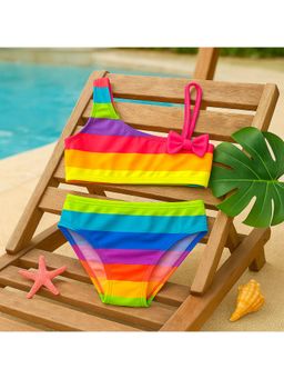 Bubble Berry - Girls Rainbow Striped Two-Piece Swimsuit With Bow, Multi-Colored