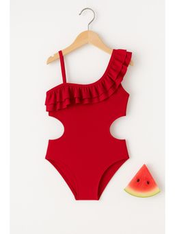 Bubble Berry - Girls One-Shoulder Ruffle Monokini Swimsuit, Red