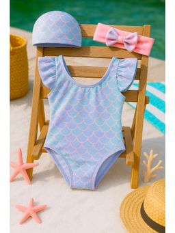 Bubble Berry - Girls Mermaid Scale Swimsuit With Pink Bow, Cap & Headband
