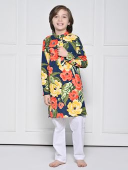 THE PONY & PEONY CO. - THE PONY AND PEONY CO. Navy Floral Kurta With Pyjama For Boys