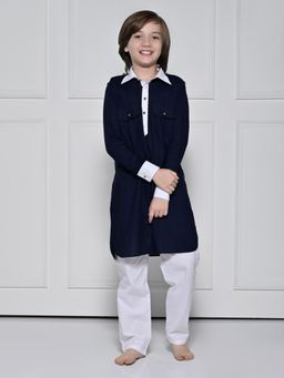 THE PONY & PEONY CO. - THE PONY AND PEONY CO. Navy Blue Pathani Kurta With Pyjama For Boys