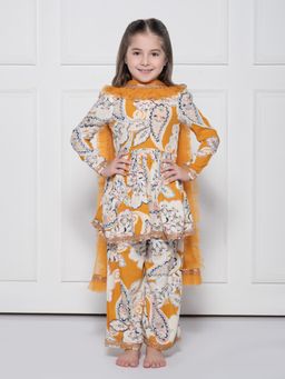 THE PONY & PEONY CO. - THE PONY AND PEONY CO. Yellow Cotton Paisley Kurta With Palazzo & Dupatta For Girls