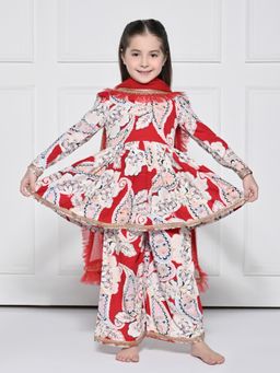 THE PONY & PEONY CO. - THE PONY AND PEONY CO. Red Cotton Paisley Kurta With Palazzo & Dupatta For Girls