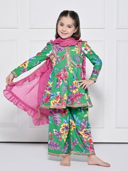 THE PONY & PEONY CO. - THE PONY AND PEONY CO. Green Floral Cotton Kurta With Palazzo & Dupatta For Girls