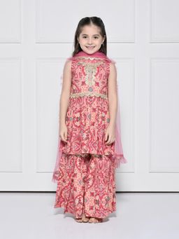 THE PONY & PEONY CO. - THE PONY AND PEONY CO. Peach & Pink Sleeveless Kurta With Sharara and Dupatta For Girls