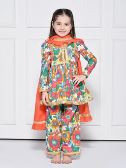 THE PONY & PEONY CO. - THE PONY AND PEONY CO. Orange Poppy, Cotton Kurta With Palazzo & Dupatta For Girls