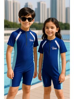 Bubble Berry - Boys One-Piece Swimsuit, Navy Blue Panels, Short Sleeve