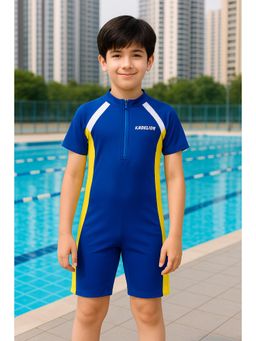 Bubble Berry - One-Piece Swimsuit, Navy Blue & Neon Yellow, Short Sleeve