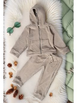 Bella Moda - Flannel and Fleece Full Sleeves Jacket with Jogger - Cream (Set of 2)