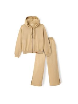 FUNKRAFTS - Girls Solid Full Zipper Hooded Sweatshirt & Joggers-Beige (Set of 2)