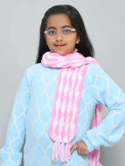 FUNKRAFTS - Handmade Woolen Knitted Scarf Muffler for Girls - Pink & White