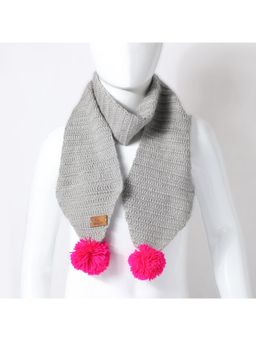 FUNKRAFTS - Handmade Woolen Knitted Girls Muffler with Pom Pom - Grey & Pink