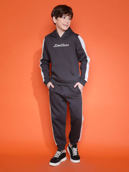 Lil Tomatoes - Boys Hooded Printed Cotton Fleece Track Suits - Charcoal (Set of 2)