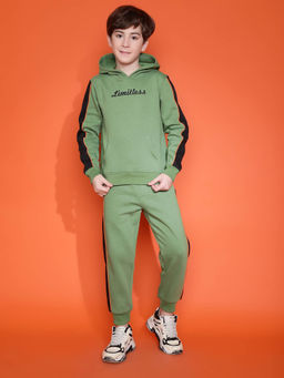 Lil Tomatoes - Boys Hooded Printed Cotton Fleece Track Suits - Olive (Set of 2)