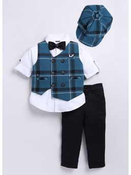 Little Collars - Cotton Blend Shirt, Bow Tie, Cap Waistcoat Pants - Blue (Set of 4)