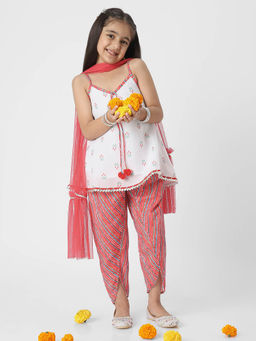 Nautinati - Girls Red-White Printed Kurti with Dhoti Pant and Dupatta (Set of 3)
