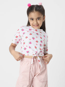 Nautinati - Girls Cotton Strawberry Printed Crop Top with Front Knot