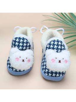 Baby Moo - 3D Poodle Dog Houndstooth Soft Slip-On Anti-Skid Plush Warm Booties - Blue