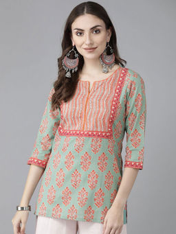 Rain & Rainbow - Women Green & Orange Ethnic Printed Sequinned Pure Cotton Kurti