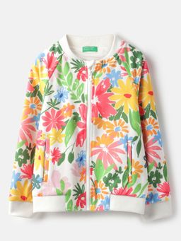 United Colors of Benetton - White High Neck Floral Print Light Weight Jacket